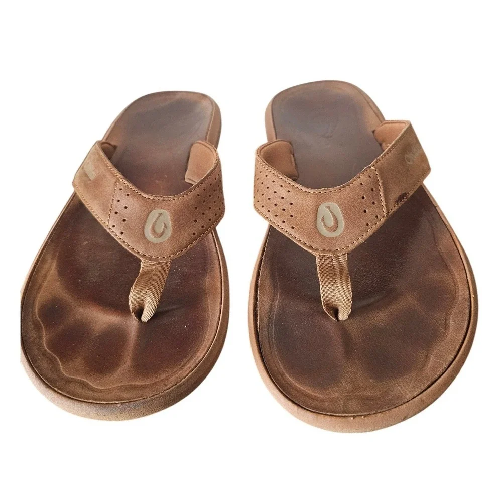 OluKai Pili Mens Brown Leather Flip Flop Sandals 10553 US 9 EUR 42